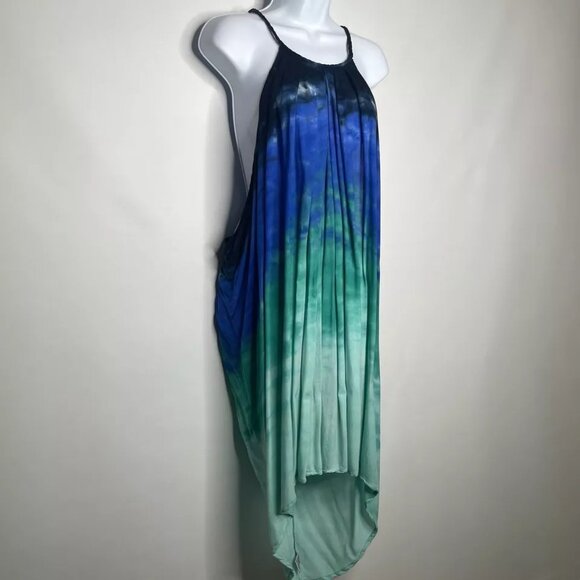 💜 $3/30 Young Fabulous Broke Draped Blue Ombre Swim Pool Beach Cover Up Dress - Picture 3 of 8